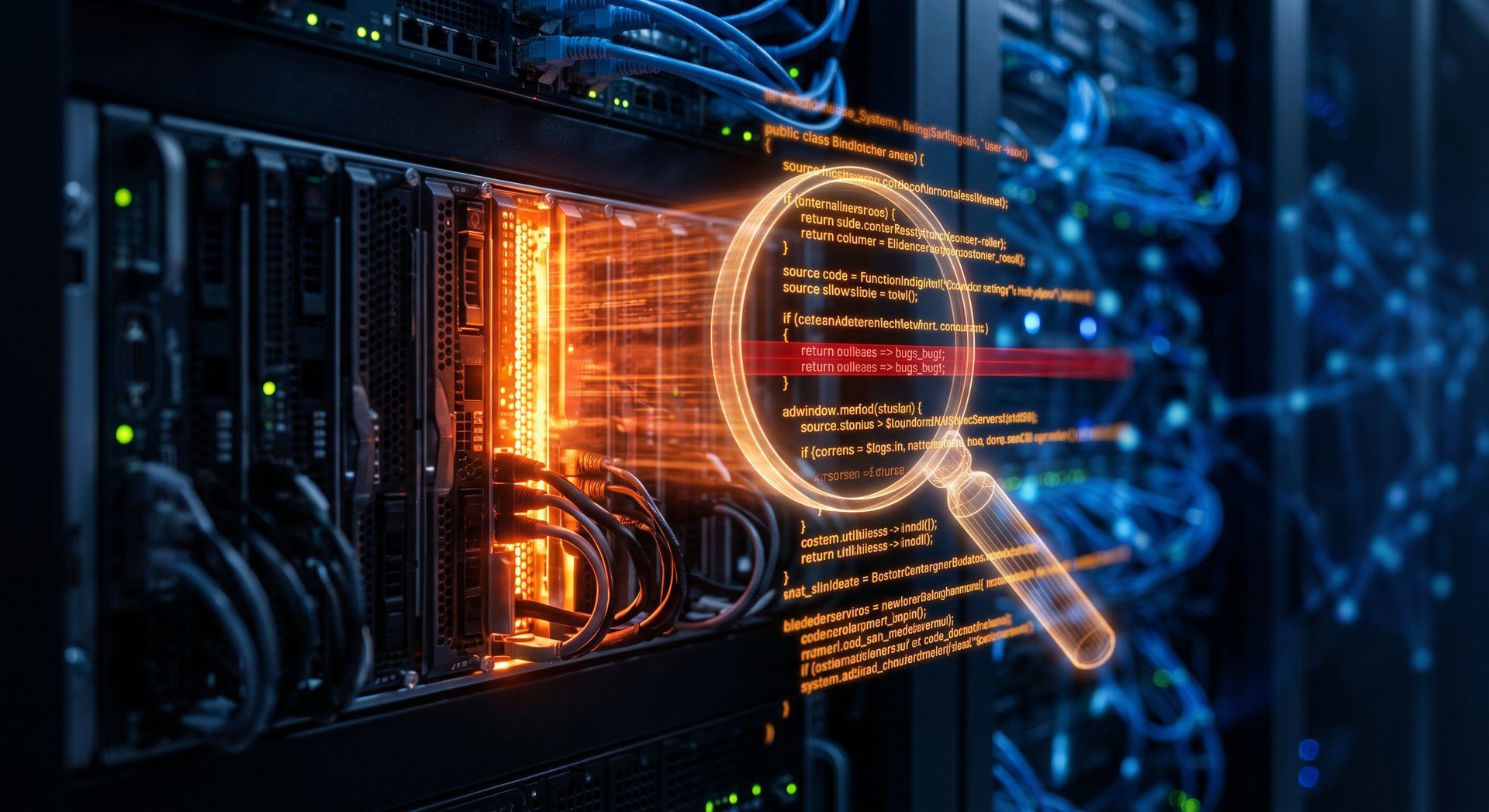 Baie de serveurs lumineuse et loupe surlignant des lignes de code défectueuses – l'IA détecte des failles dans le logiciel Bitcoin