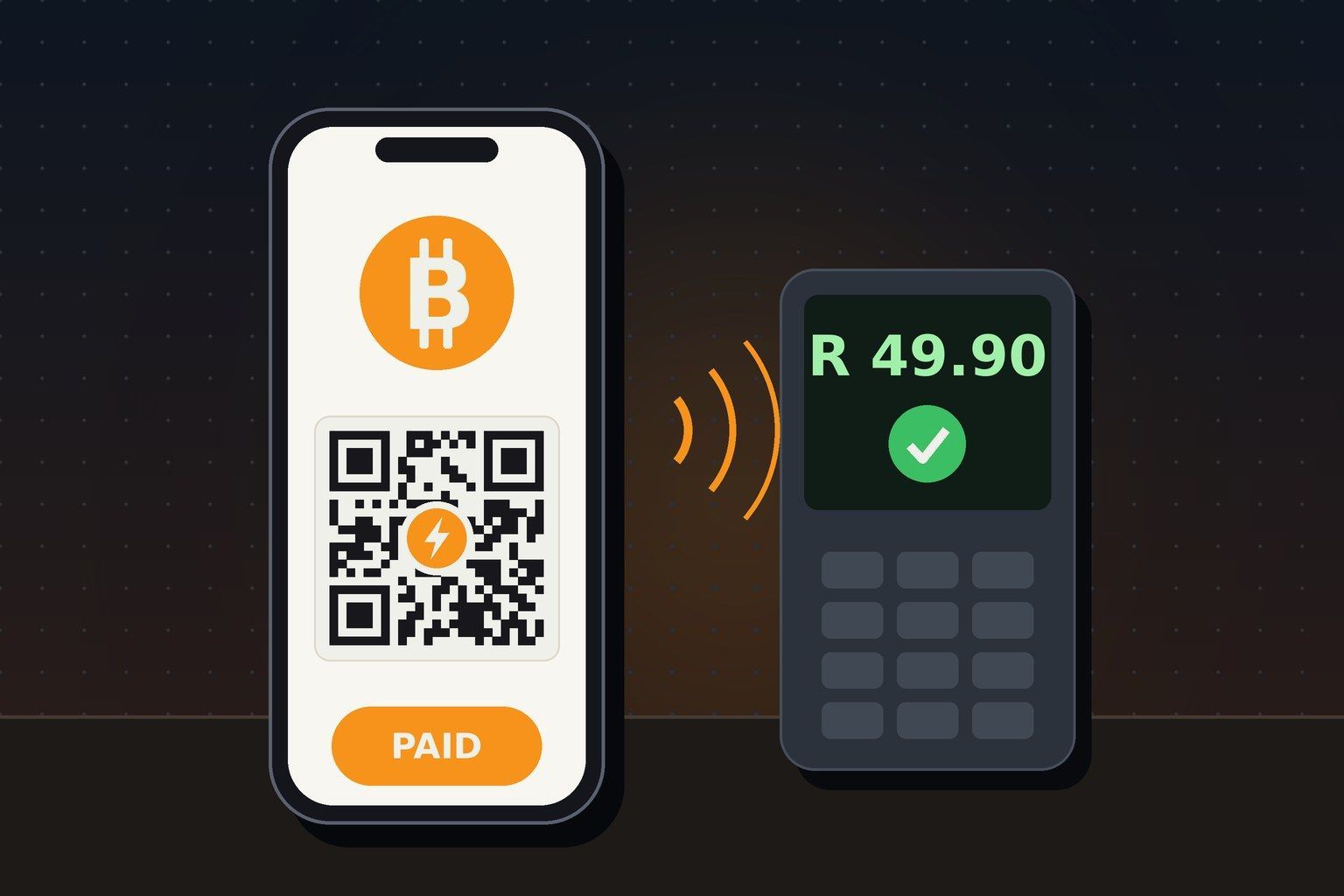 Smartphone paying with Bitcoin via Lightning QR code at a South African checkout terminal showing a rand amount