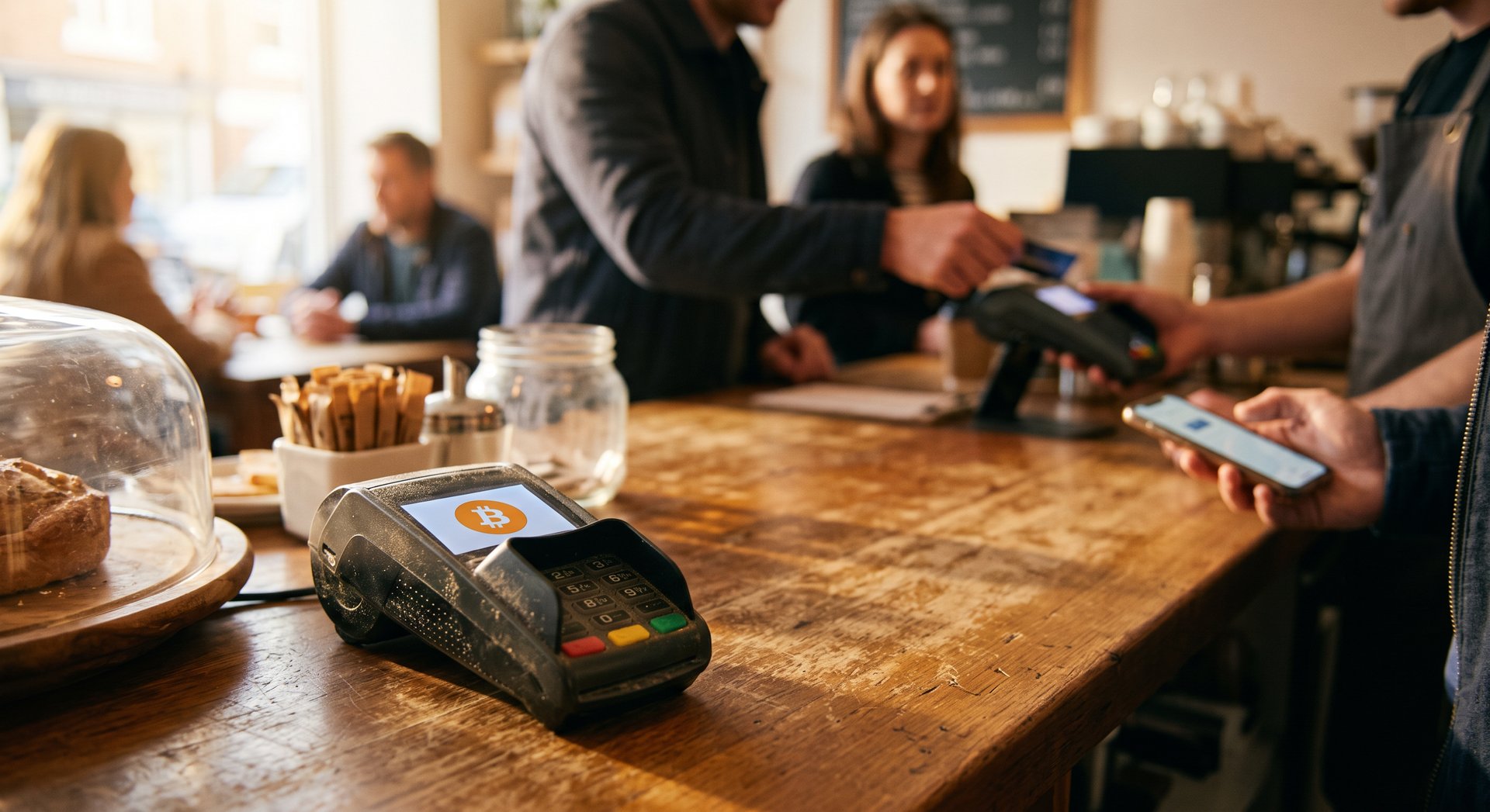 Café counter with a Bitcoin payment terminal left unused while customers pay by card and phone